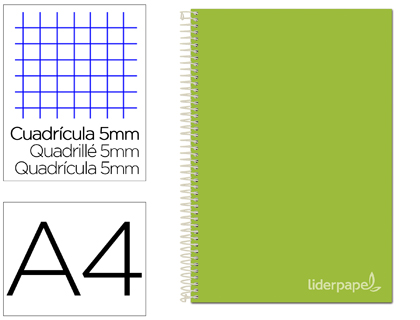 Cuaderno espiral Liderpapel Jolly A4 tapa extradura 80h 75g micro c/5mm. color verde